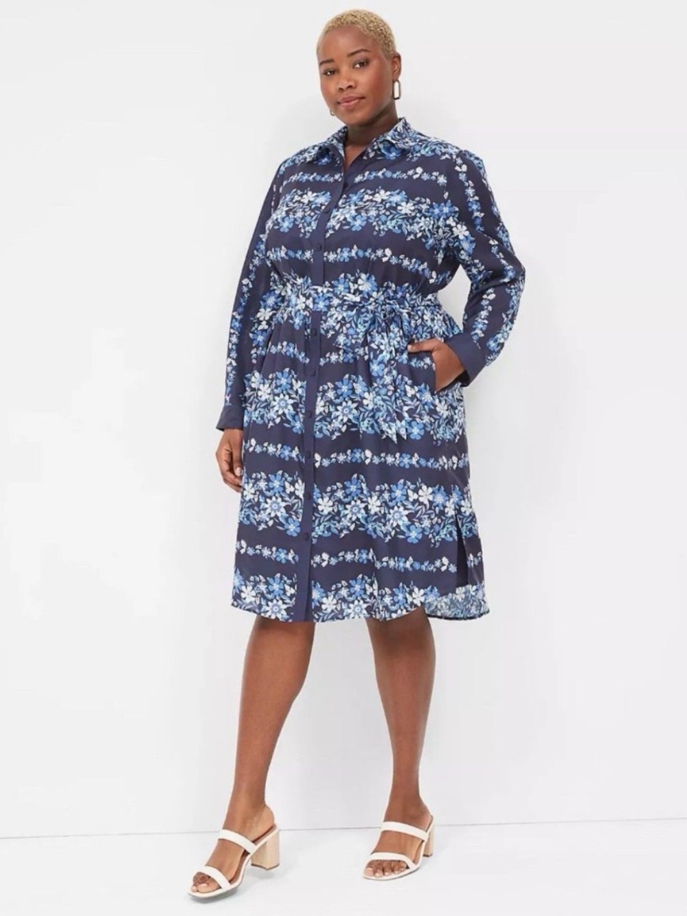 Lane Bryant Navy Floral Button-Front Shirt Dress Mid-Length